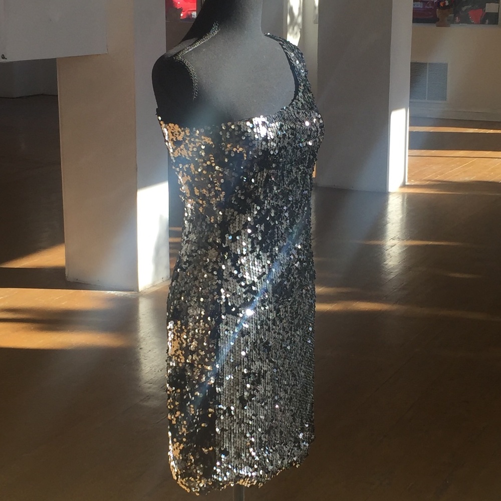 Black/slate gray fully sequins one shoulder mini dress - Picture 2 of 4